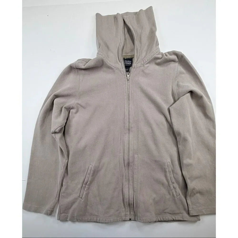 Eileen Fisher Organic Cotton Zip Jacket Funnel Neck Minimalist Beige Women L